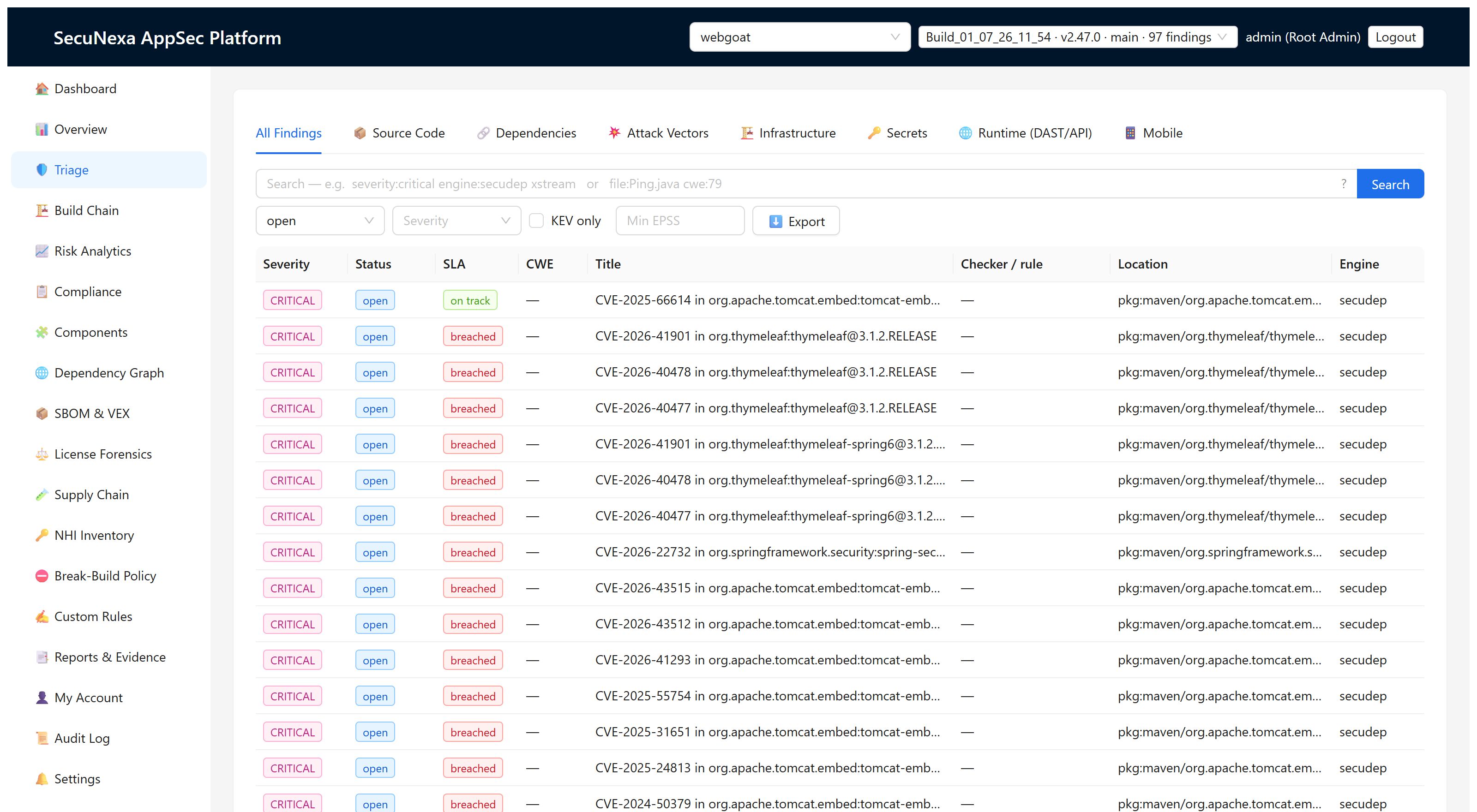 SecuNexa triage queue showing real critical findings on WebGoat: CVEs in Tomcat, Thymeleaf, and Spring dependencies with severity, status, and SLA chips, engine tags, and per-engine tabs
